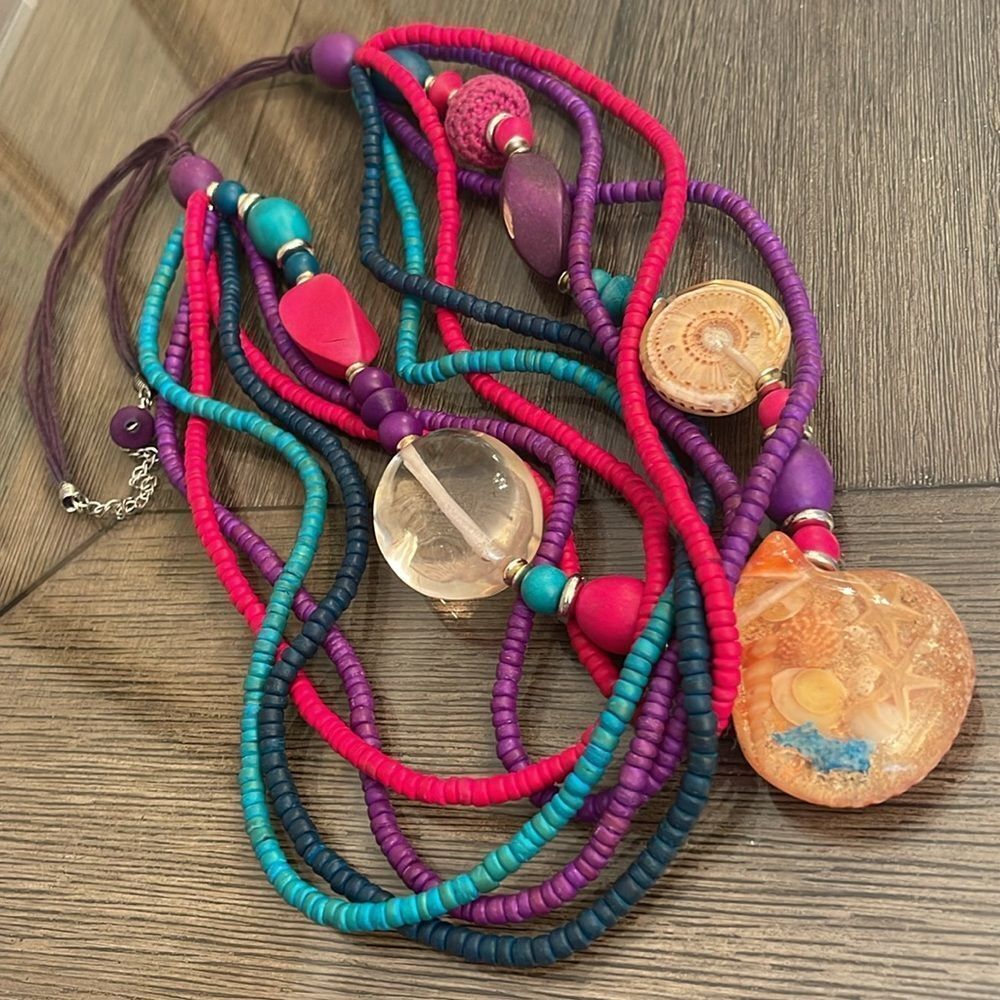 Vintage 1980’s Colorful Wooden Bead Necklace with Resin Coated Seashells